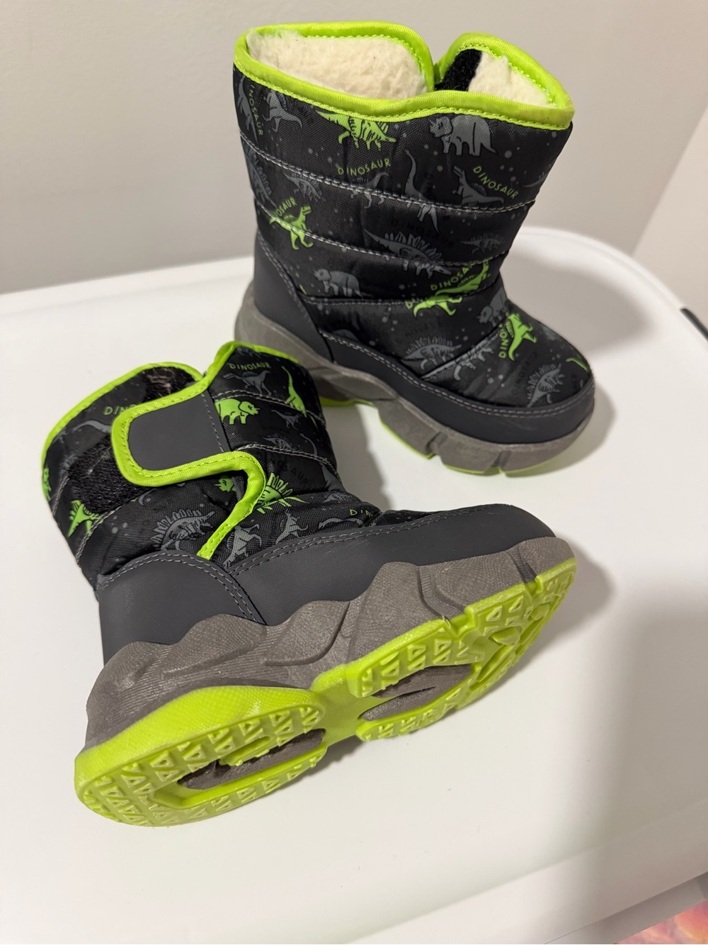 Kids Grey and Neon Green Dino Winter Boots